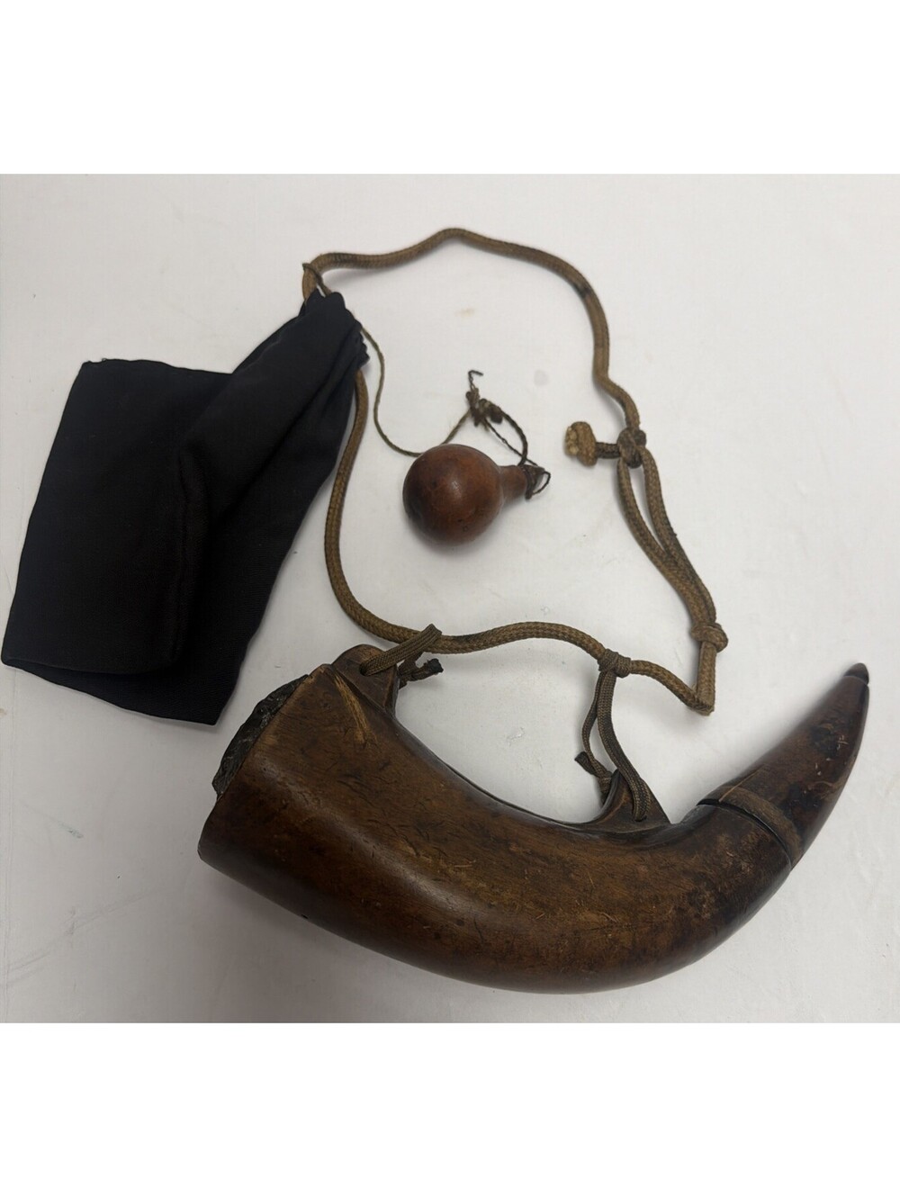 Antique Powder Horn With Pouch & Wooden Measure Western Muzzleloader Gun Rifle